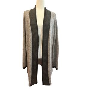Karen Scott Open Front Cardigan Duster Sweater Gray Black Trim